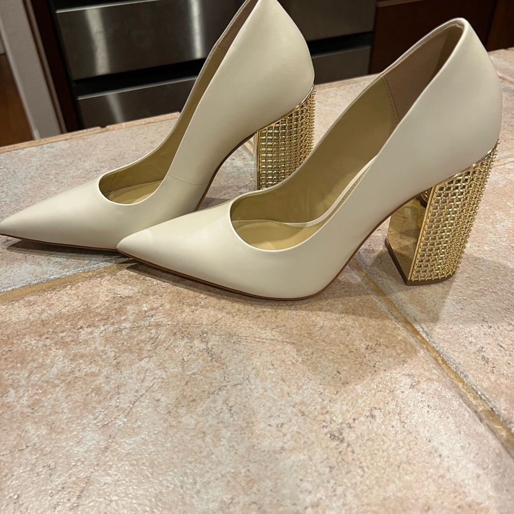 Michael Kors Maxine Cream Heels with Gold Block Heel